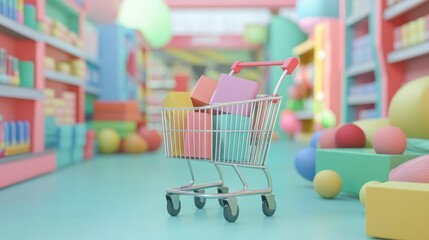 Colorful shopping cart filled with blocks in a vibrant store aisle