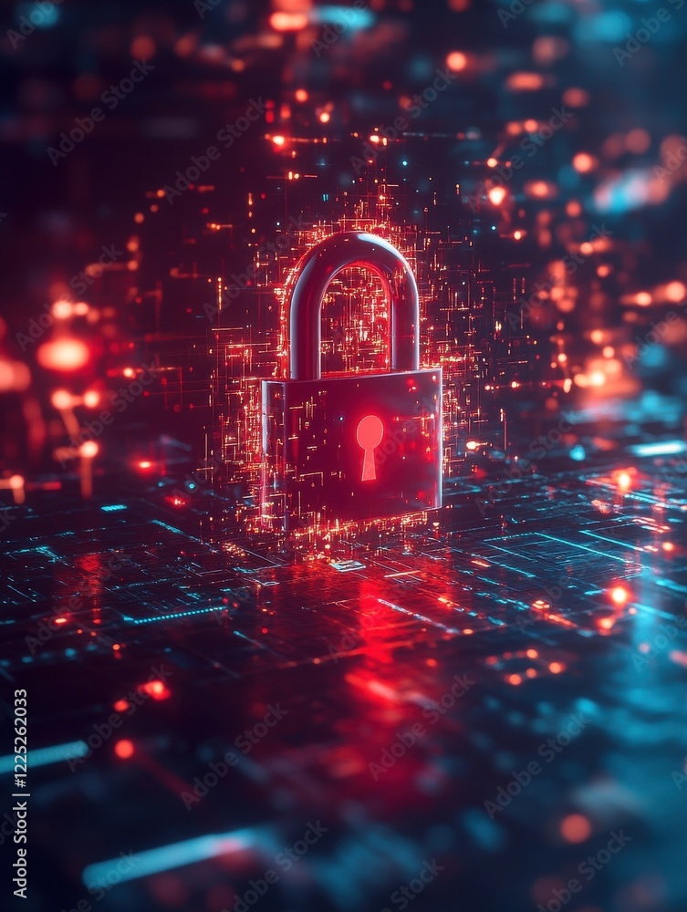 Poster system hacked alert with a red broken padlock, surrounded by digital matrix codes. cybersecurity bre