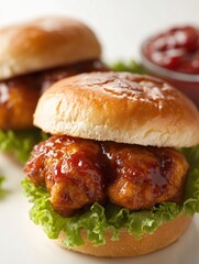 Two delicious chicken sliders with lettuce and a bowl of ketchup on a white surface