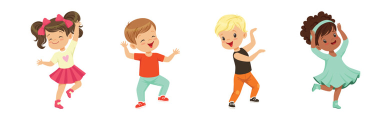 Cute Kids Dancing Moving Body Show Performance Vector Set