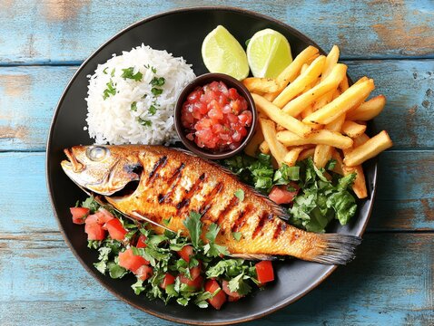 Grilled fish with rice fries salsa and lime on black plate over blue wooden table - Powered by Adobe
