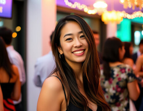 Hermosa joven asi&aacute;tica en un evento social nocturno
