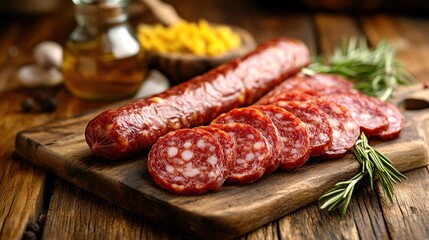Delicious sliced salami on wood, herbs, rustic kitchen. Food photography