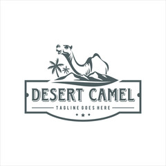 Vintage Style Camel Walking in Desert Covered with Date Palms Logo Design
