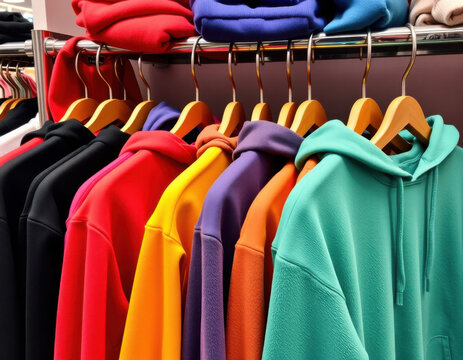 Sudaderas con capucha de moda en colores de moda en un perchero
