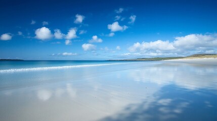 Fototapeta premium Serene beach landscape with calm waters, gentle waves, and scattered clouds under a clear sky