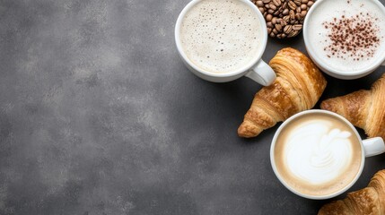 A delightful plate of warm, flaky croissants paired with a steaming cup of coffee on a pleasant morning