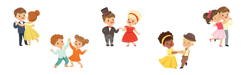 Cute Kid Couple Dancing Moving Body Show Performance Vector Set