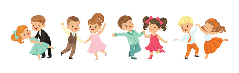 Cute Kid Couple Dancing Moving Body Show Performance Vector Set