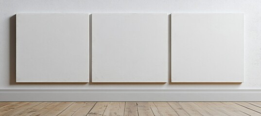 Three blank canvases on a white wall above wood floor.