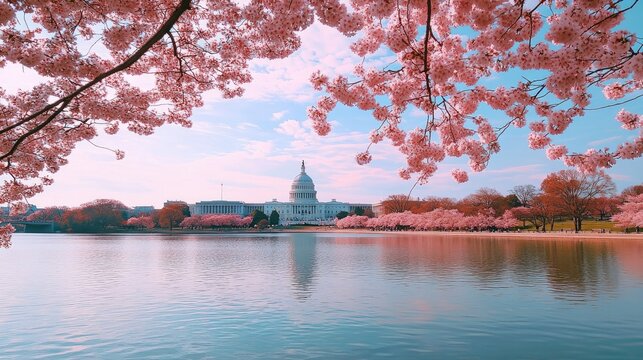 A picturesque view of the U.S. Capitol building framed by vibrant pink cherry blossoms.
