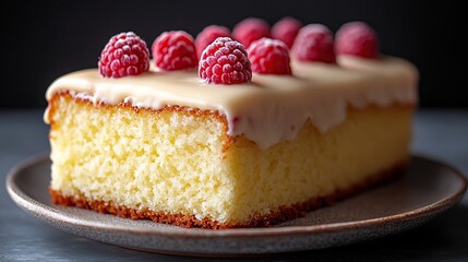 Delicious vanilla cake with raspberries, close-up shot, dark background, food photography