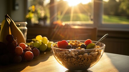 A sunlit breakfast scene featuring a blue bowl of granola topped with fresh raspberries and blueberries,