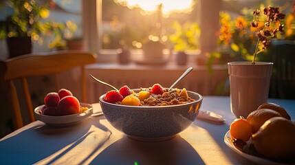 A sunlit breakfast scene featuring a blue bowl of granola topped with fresh raspberries and blueberries,