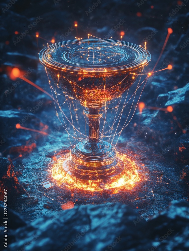 Poster trophy icon with network connectivity: a trophy icon embedded in a digital network, symbolizing achi