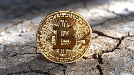 digital assets and ecosystem concept. Golden Bitcoin on cracked surface representing cryptocurrency value and investment potential.