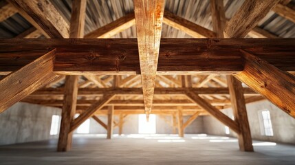 A bright, open interior of a wooden structure under construction,