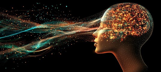 Abstract Human Head with Glowing Network, Digital Brain, Data Flow. Futuristic Technology, AI