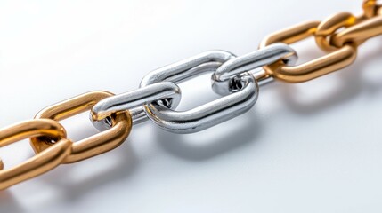 Obraz premium digital assets and ecosystem concept. Close-up of a gold and silver chain link with a shiny finish against a light background.