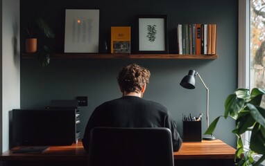 Fototapeta premium Modern workspace with a young man in a black sweater sitting at a wooden desk. The background includes a matte gray accent wall with a floating shelf, featuring books and a small desk lamp. 
