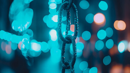 Close-up of a Wet Chain with Bokeh Lights at Night
