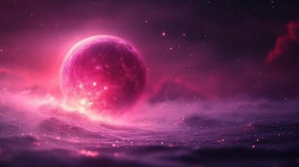 Pink Planet Over Glimmering Sea: A Dreamlike Cosmic Scene