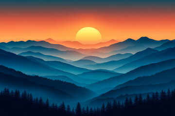 Majestic sunset over mountain ranges illuminating the tranquil landscape in warm hues
