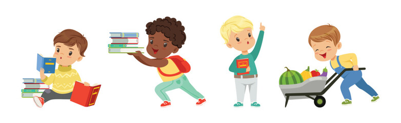 Funny Boy Study with Book and Learning Vector Set