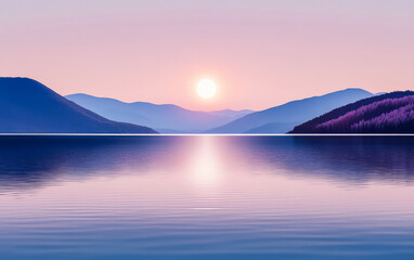 Sunset over tranquil lake with distant mountains and calm waters reflecting the sky