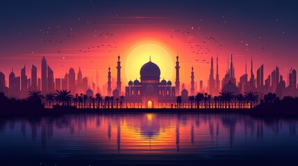 Naklejka premium Sunset Silhouette of Mosque and Cityscape