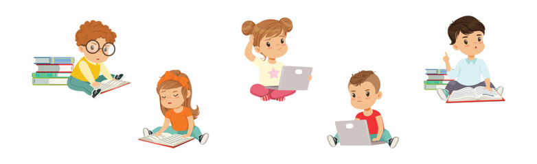 Funny Boy and Girl Study with Book and Learning Vector Set