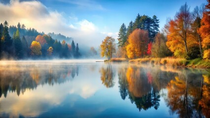 Obraz premium Serene lake with misty autumn morning, nature, serene, nature