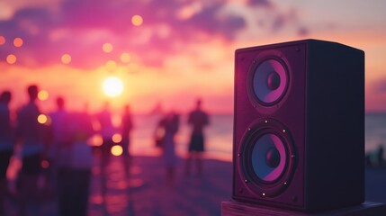 Blurred picture of professional sound system equipment for party outdoor at sunset - Defocused image - Concept of nightlife with music and entertainment on the beach - Original color lights