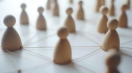 Obraz premium Network concept with wooden figures connected on a white surface symbolizing human resources strategy and management