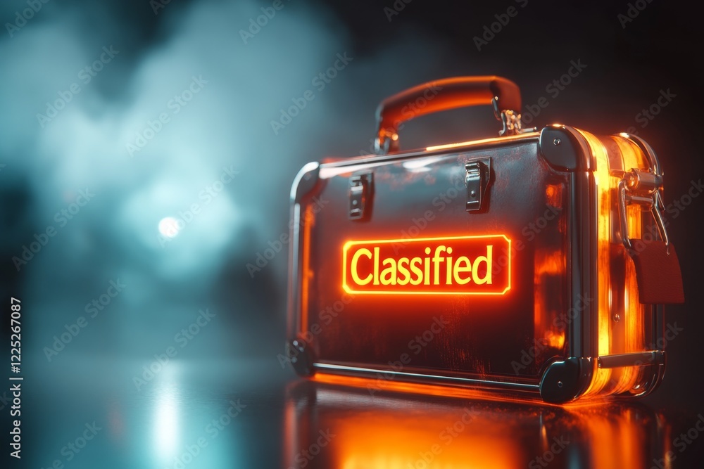 Poster a digital 3d scene of a sleek metallic briefcase stamped with 