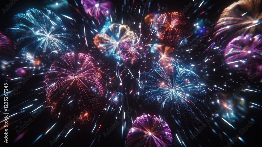 Poster many multicolored fireworks exploding in the sky at night