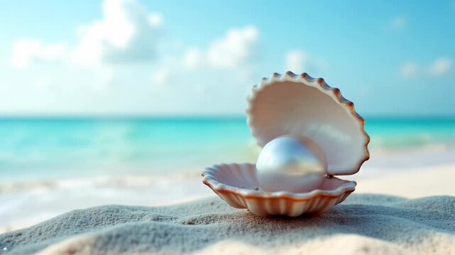 A lustrous pearl is nestled inside a seashell on a pristine beach, with a vibrant turquoise ocean and bright sky in the background