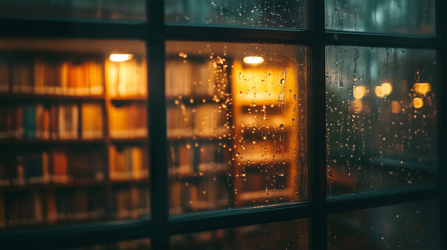 雨の窓越しに見える温かい図書館