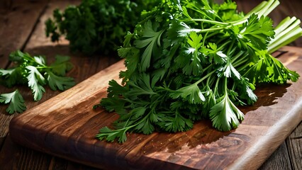 Fresh Parsley Leaves on Wooden Cutting Board, Vibrant and Natural