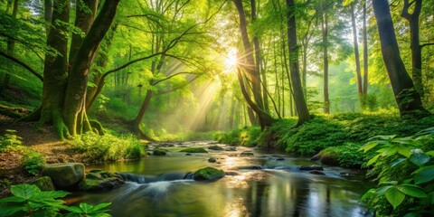Obraz premium Dense foliage with sunlight filtering through leafy branches and illuminating the forest floor amidst a gentle stream , nature