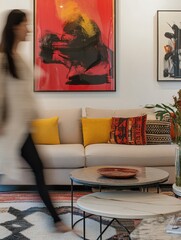 Blurred woman walking in a feminine living room interior with a sofa, coffee table and painting