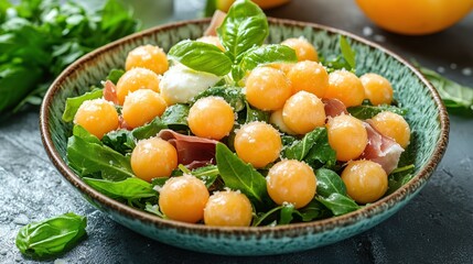 Fresh melon salad with prosciutto, basil, and ricotta