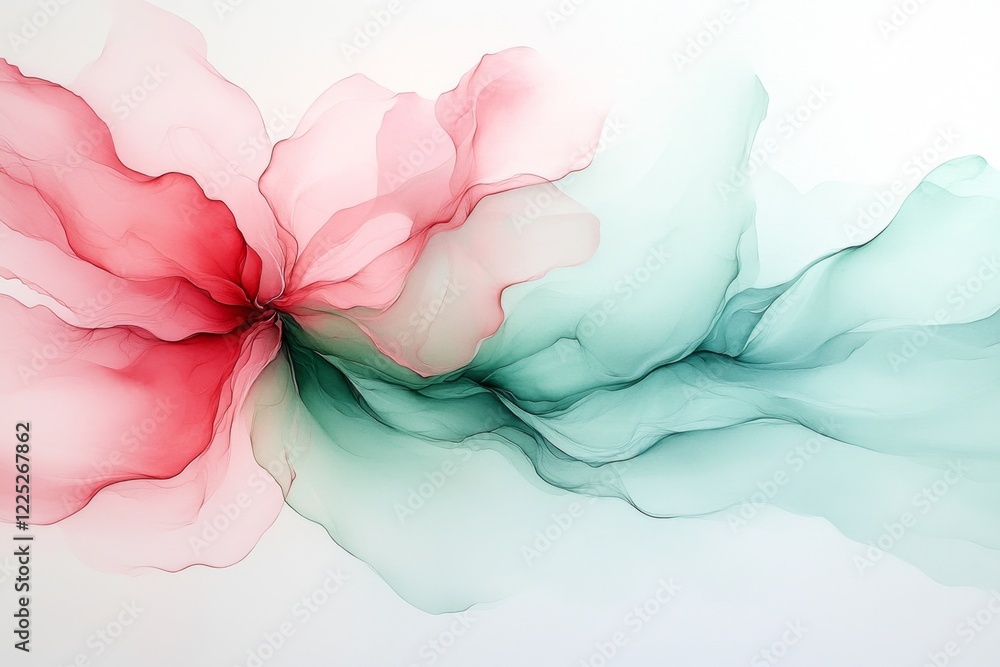 Poster a dreamy watercolor blending two complementary shades, like magenta and green, into a flowing abstra