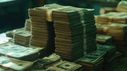 A close-up view of neatly stacked bundles of cash arranged on a wooden table.