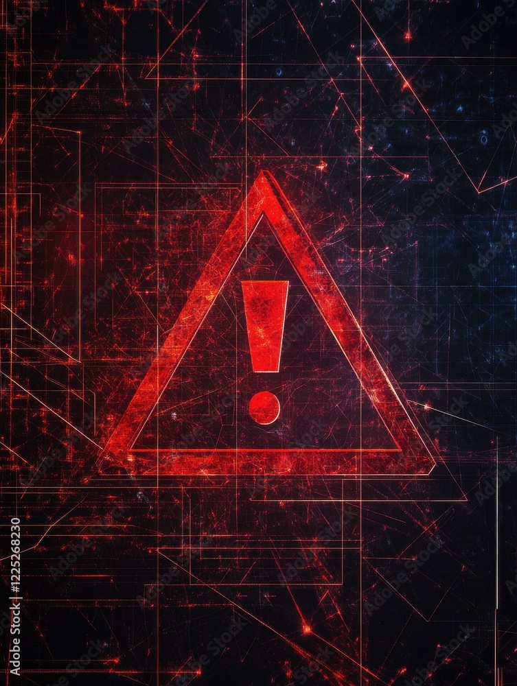 Aufkleber abstract red alert sign, exclamation mark within a triangle, on a complex network background, indica
