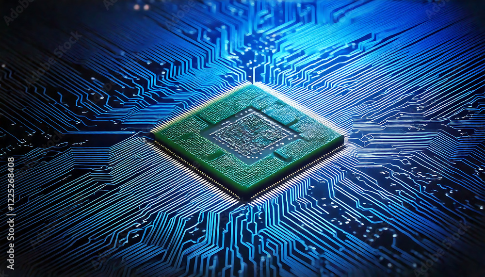 Poster close-up of a microchip on a circuit board, illuminated with vibrant blue light. the image offers a 