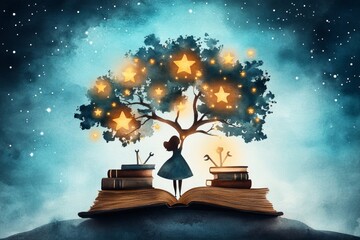 A dreamy watercolor of a person standing under a tree filled with tools, books, and glowing stars, symbolizing a fruitful career, with soft greens and yellows