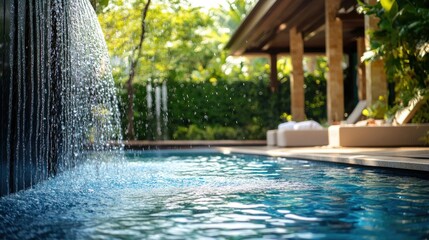 A tranquil pool scene featuring a gentle waterfall cascading into clear blue water.