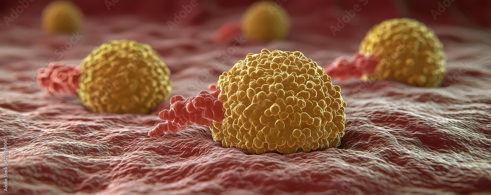 Poster the image depicts a close-up view of yellow cells on a textured surface, representing a microscopic 