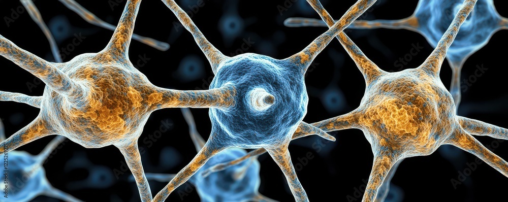 Poster a close-up view of neurons showcasing their intricate structures and connections in a vivid, microsc
